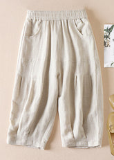 Women Beige Pockets Wrinkled Elastic Waist Cotton Shorts Summer